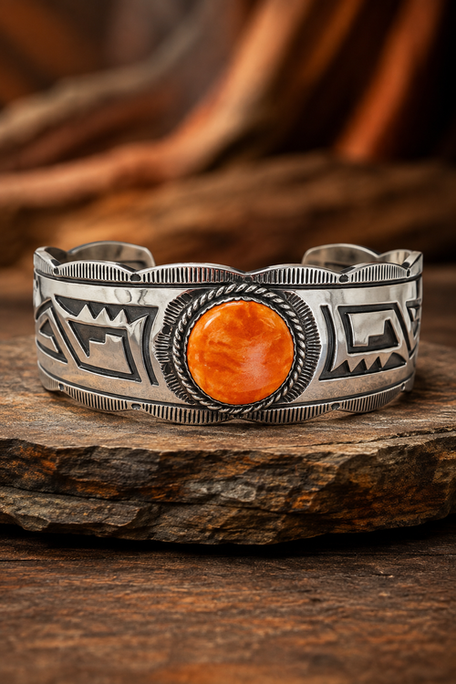 Navajo sterling silver bracelet with orange spiny oyster and detailed geometric silverwork