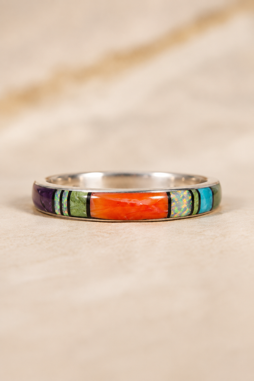 Navajo sterling silver inlay ring with orange spiny oyster and colorful stone inlay