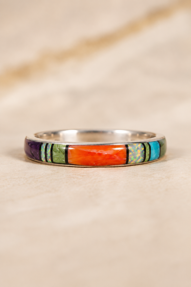 Navajo sterling silver inlay ring with orange spiny oyster and colorful stone inlay