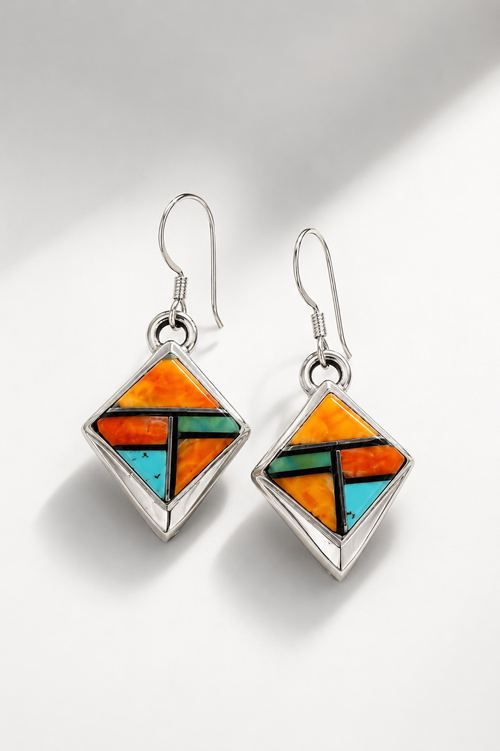 Navajo Spiny Oyster and Arizona Blue Kingman Turquoise sterling silver inlay earrings by Marlene Begay