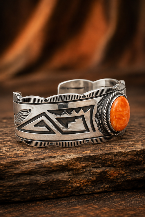 Navajo sterling silver cuff bracelet with round orange spiny oyster stone