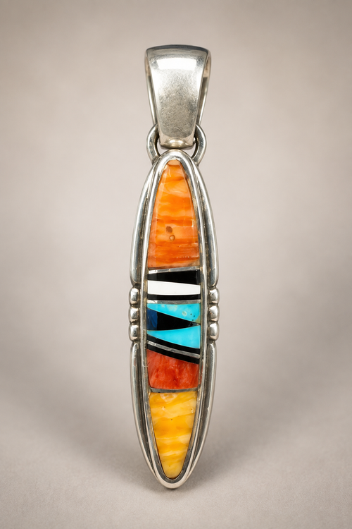 Navajo sterling silver pendant with Spiny Oyster, turquoise and multi-stone inlay