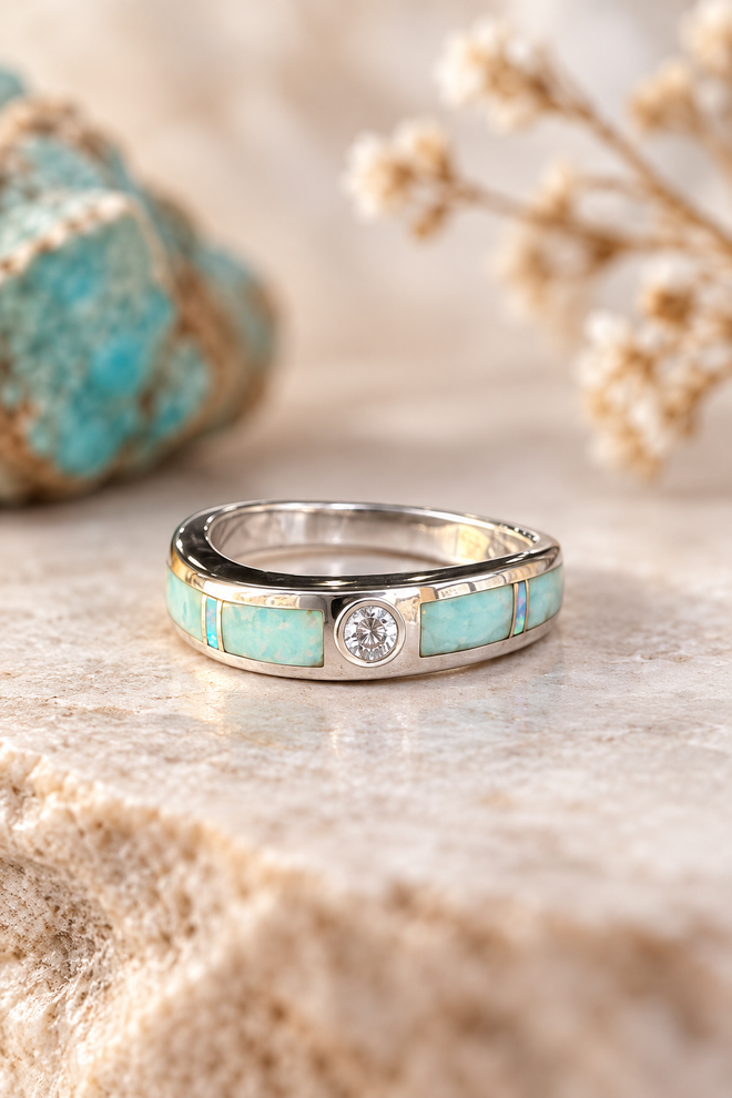 Navajo sterling silver ring with opal and amazonite stone inlay and a sparkling cubic zirconia center.