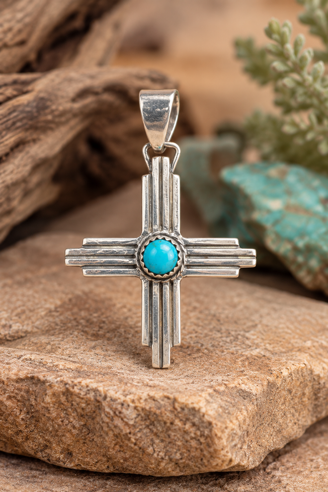 Navajo Four Directions cross pendant handmade in sterling silver with a turquoise center stone