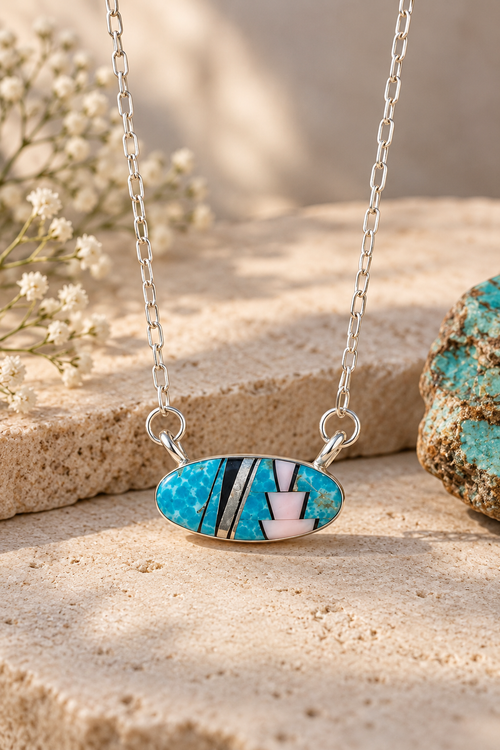 Navajo sterling silver turquoise inlay necklace accented with pink Peruvian opal and black jade