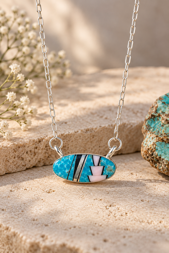 Navajo sterling silver turquoise inlay necklace accented with pink Peruvian opal and black jade