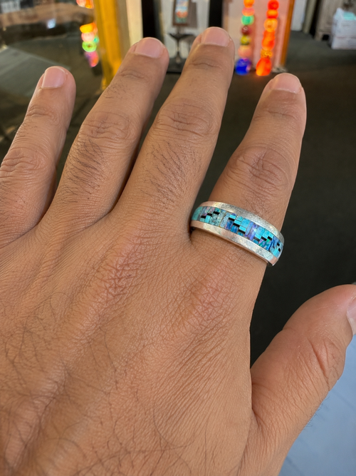 Authentic Navajo men’s sterling silver ring with turquoise, opal and black geometric inlay.