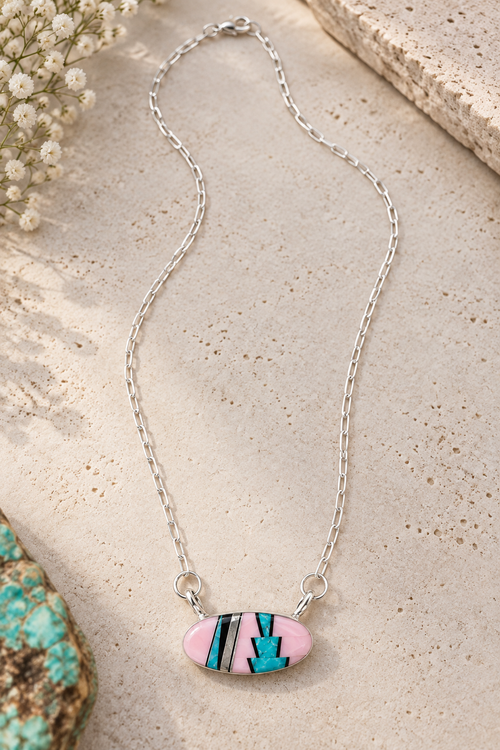 Handmade Navajo turquoise and pink Peruvian opal sterling silver necklace with black jade inlay