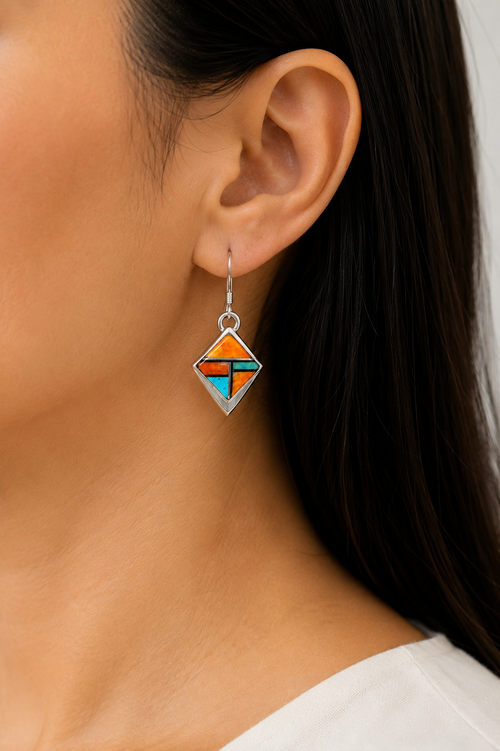 Navajo Kingman Turquoise and Spiny Oyster dangle earrings worn on ear showing their petite size