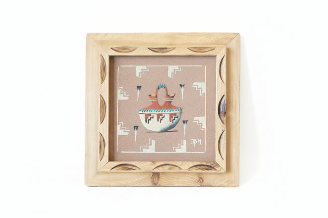 Wedding Vase with Eagle Feather (Sand Painting) by Navajo Artist Ben Mitchell 14x14 (framed)