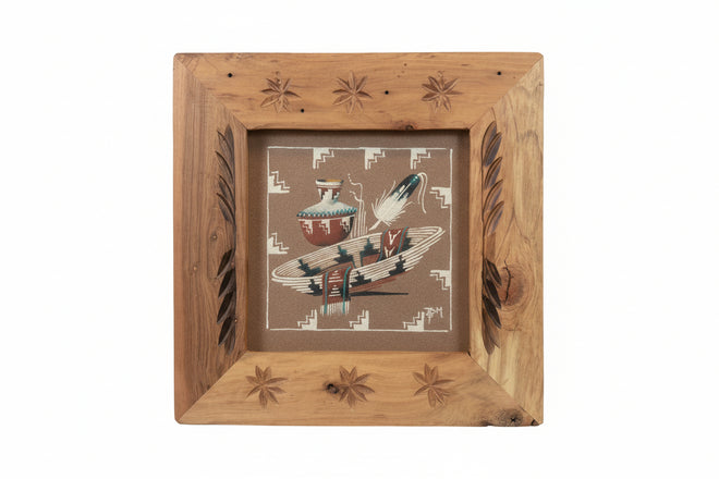 Wedding basket (Sand Painting) by Navajo Artist Ben Mitchell 17x17 (framed)