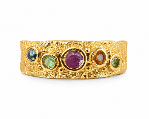 One of a kind 14K gold multi sapphire wide band ring handmade in Sedona Arizona