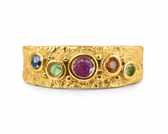 One of a kind 14K gold multi sapphire wide band ring handmade in Sedona Arizona