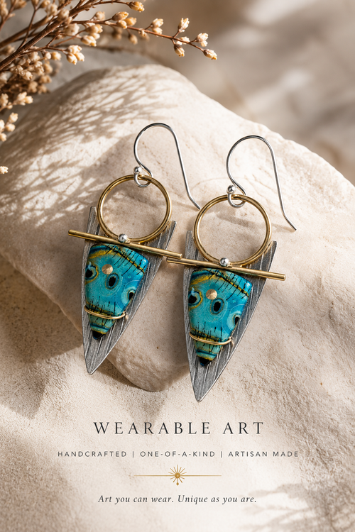 One-of-a-kind artisan turquoise earrings featuring handcrafted art glass and mixed metal design.