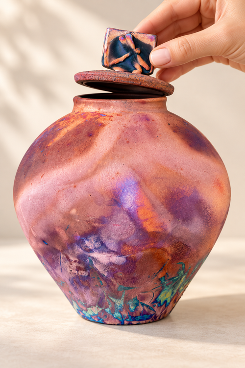 Handmade Raku pottery vessel with dragonfly lid shown slightly open, featuring copper violet and iridescent fired colors