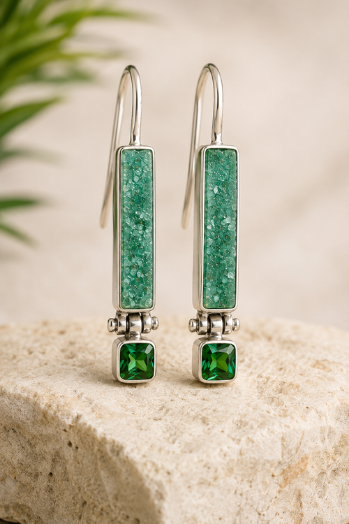 One-of-a-kind handmade Green Druzy and 0.55 ct Chrome Tourmaline sterling silver earrings featuring genuine natural gemstones and contemporary artisan craftsmanship.