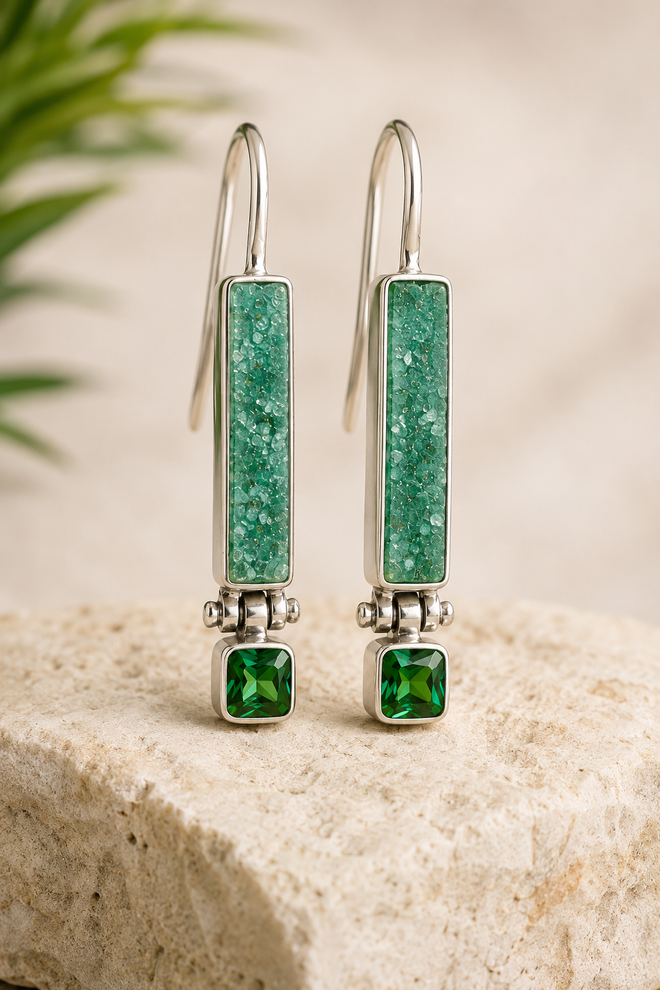 One-of-a-kind handmade Green Druzy and 0.55 ct Chrome Tourmaline sterling silver earrings featuring genuine natural gemstones and contemporary artisan craftsmanship.