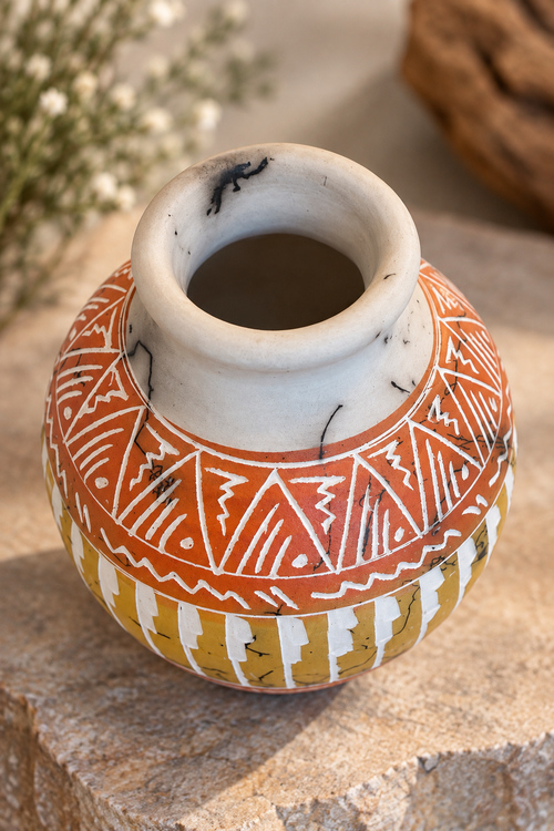 One-of-a-kind Navajo horsehair pottery showing hand-carved geometric details and natural horsehair markings
