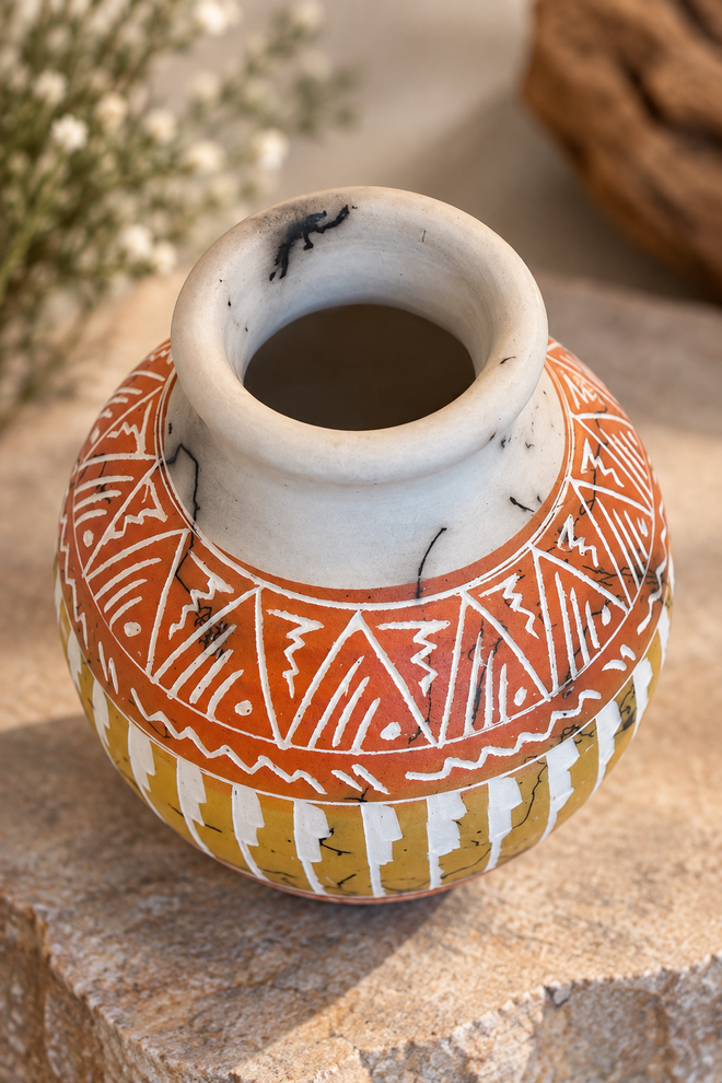 One-of-a-kind Navajo horsehair pottery showing hand-carved geometric details and natural horsehair markings