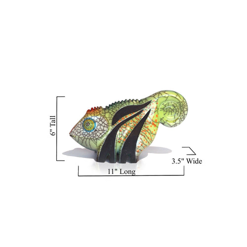 One-of-a-kind Raku lizard art sculpture with green, turquoise and orange ceramic glaze