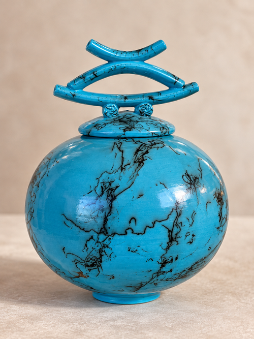 One-of-a-kind turquoise ceramic lidded pot handmade with horsehair raku technique