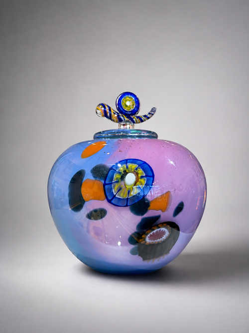 one of a kind lidded handblown glass vase