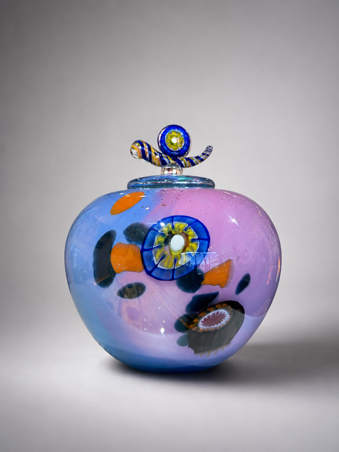 one of a kind lidded handblown glass vase