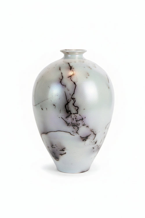 Opalescent white horsehair raku pot by Bob Smith
