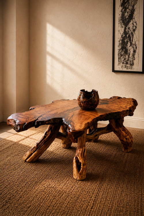 One-of-a-Kind Live Edge Mesquite Coffee Table with Turquoise & Copper Inlay – Handmade in Arizona
