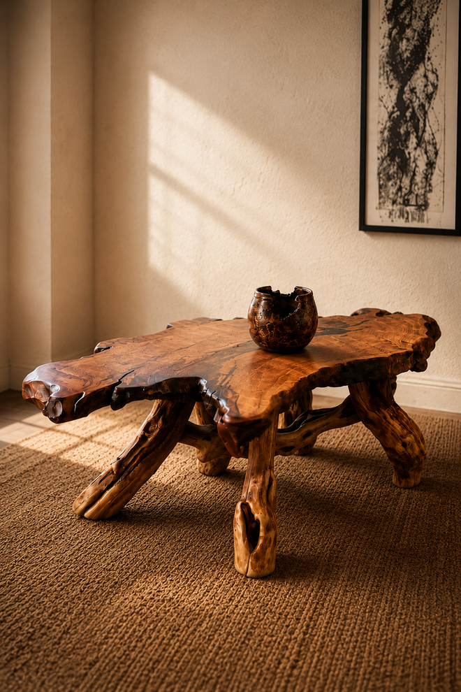 One-of-a-Kind Live Edge Mesquite Coffee Table with Turquoise & Copper Inlay – Handmade in Arizona