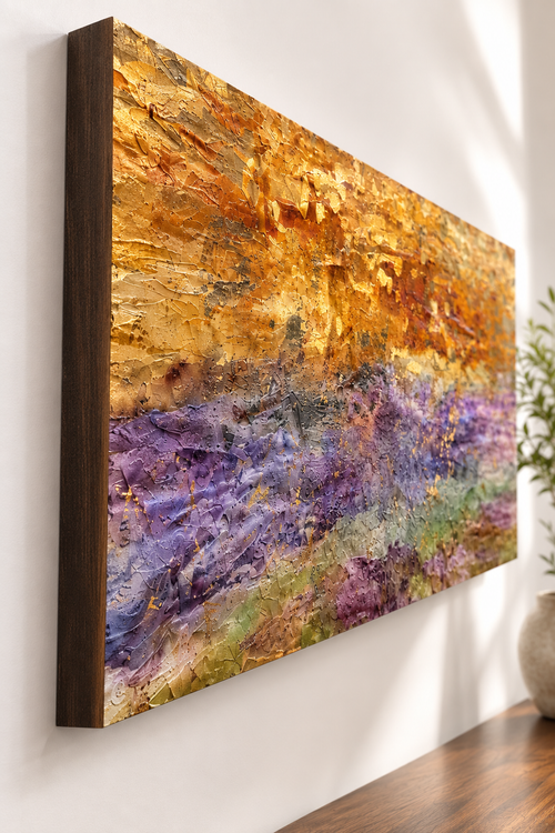 Original mixed media painting by Jodi Maas viewed from the side, highlighting the layered texture, wooden panel construction, and gallery-ready depth.