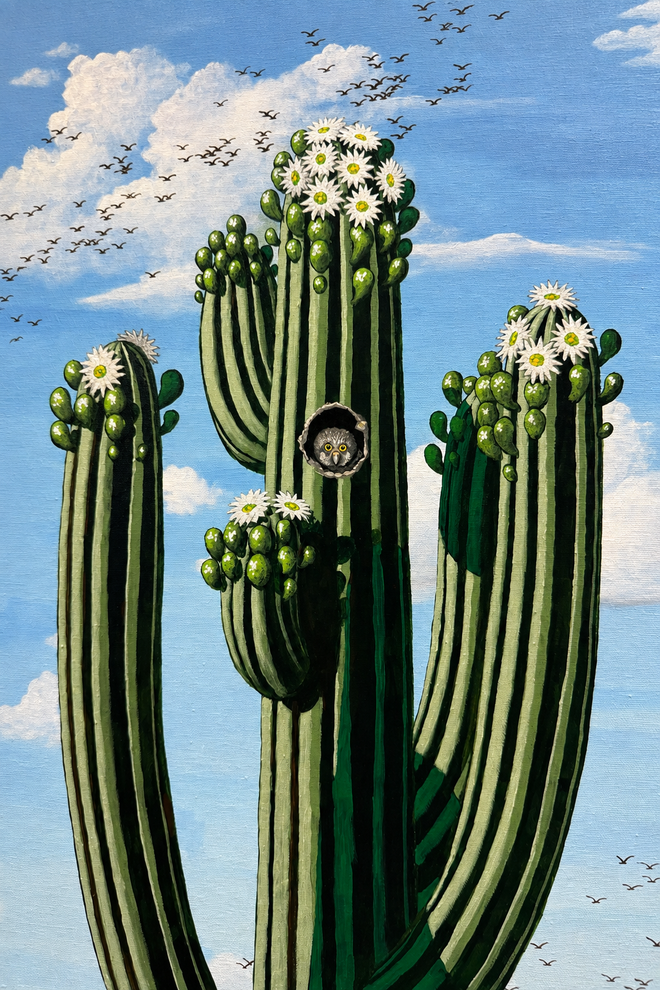 Arizona desert landscape painting with blooming saguaro cactus, birds, and mountain backdrop by Timothy Chapman.