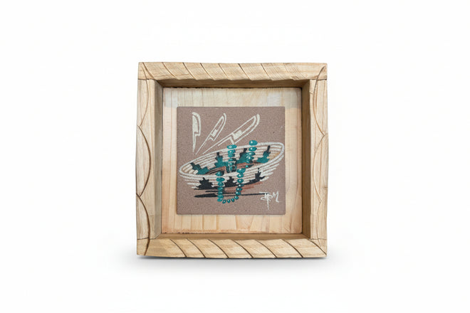 Wedding Basket and Turquoise Necklace (Sand Painting) by Navajo Artist Ben Mitchell 7x7 (framed)