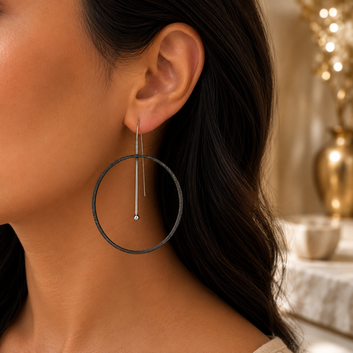 Oxidized sterling silver 2 inch hoop earrings from Raku Gallery in Jerome Arizona