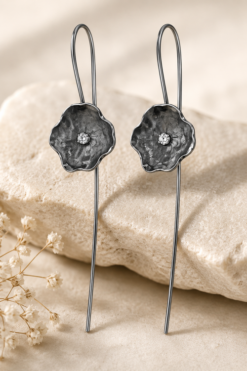 Handcrafted oxidized sterling silver flower French hook earrings with sparkling 2mm cubic zirconia, modern artisan floral drop earrings for women.