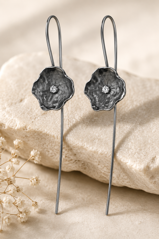 Handcrafted oxidized sterling silver flower French hook earrings with sparkling 2mm cubic zirconia, modern artisan floral drop earrings for women.
