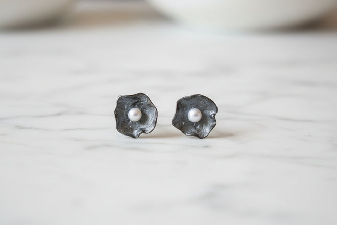 Handmade Oxidized Sterling Silver Pearl Stud Earrings