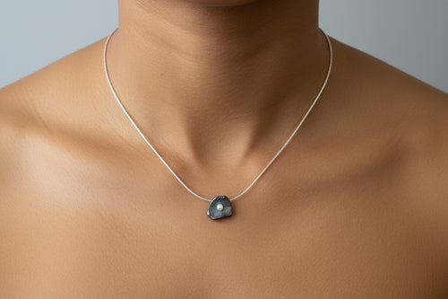 Oxidized Sterling Silver Petal Pendant with Freshwater Pearl