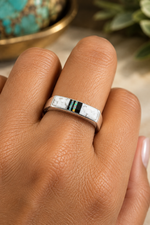 Petite Buffalo Turquoise inlay ring on hand with Black Jade and Opal