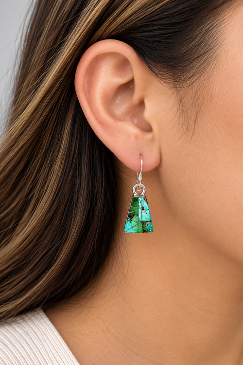 One-inch Sonoran Turquoise dangle earring worn on ear, showing the petite size and green-blue turquoise inlay