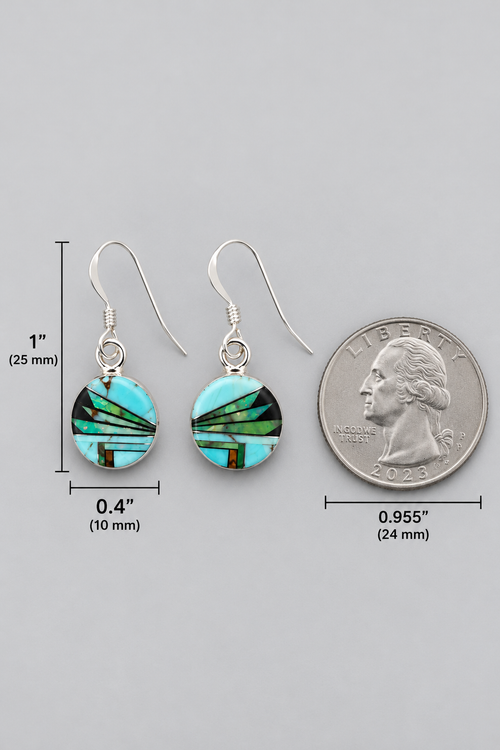 Petite sterling silver turquoise inlay dangle earrings shown with size measurements of approximately 1 inch long and 0.4 inch wide.
