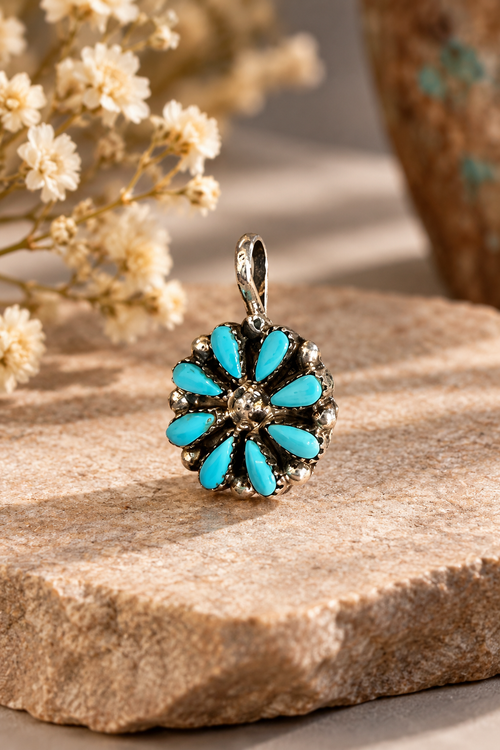 Petite Zuni Kingman turquoise flower necklace handmade in sterling silver with detailed turquoise cluster stonework