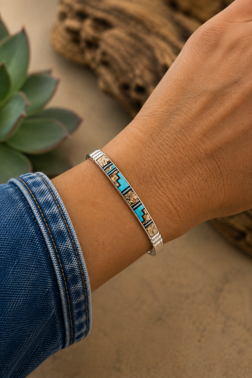 Wilber Tso Kingman turquoise and Picture Jasper sterling silver cuff bracelet shown on wrist