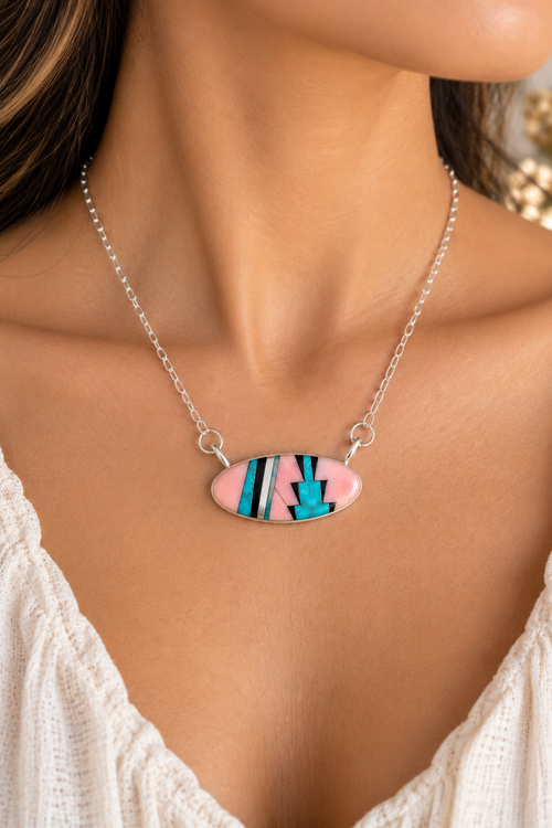 Pink Peruvian opal and turquoise Navajo necklace with geometric stone inlay in sterling silver