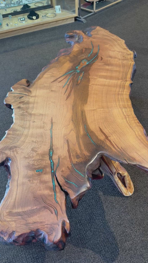 Live Edge Mesquite Table with turquoise and Copper Inlay