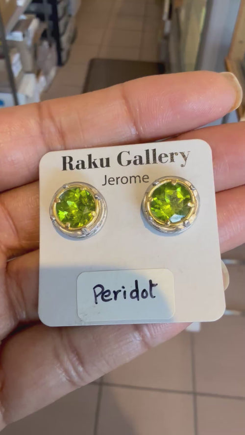 8mm Peridot Stud Earrings in Sterling Silver with Gold Accents