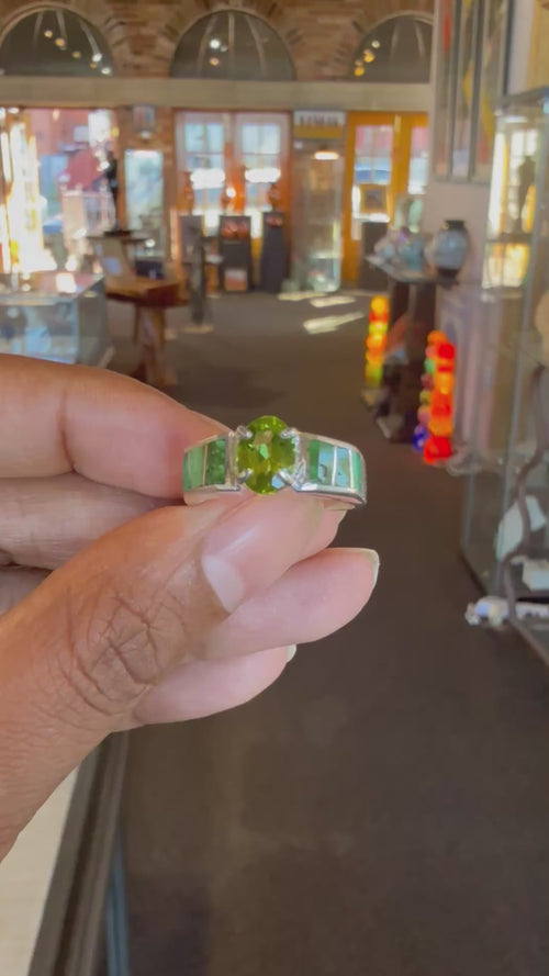 One-of-a-Kind Navajo Sonoran Gold Turquoise & Peridot Inlay Ring | Sterling Silver