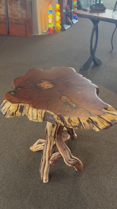 One-of-a-Kind Live Edge Mesquite End Table with Turquoise & Copper Inlay – Handmade in Arizona