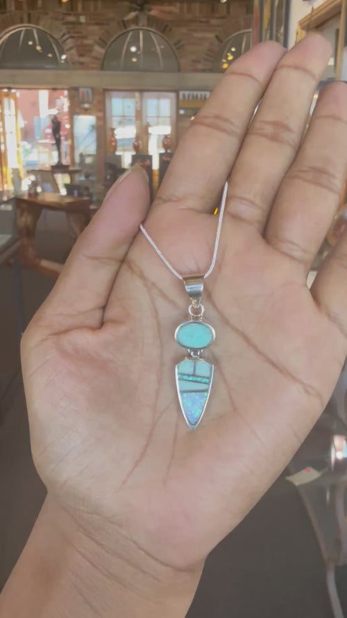 Navajo Amazonite & White Opal Inlay Sterling Silver Pendant Necklace – Handmade Native American Jewelry