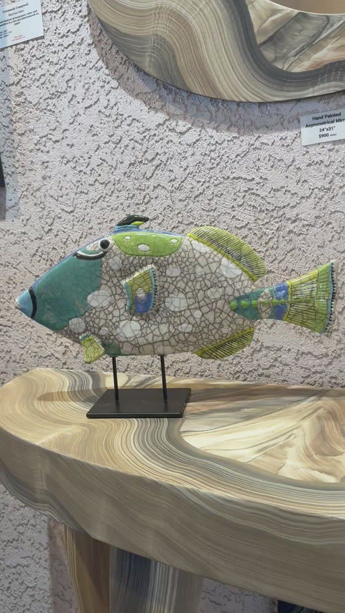 Handcrafted Raku Ceramic Triggerfish Sculpture – Coastal Fish Art on Metal Stand